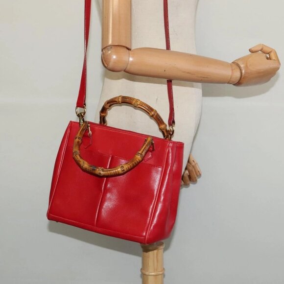 GUCCI Bamboo Web Sherry Line Hand Bag Leather Red Gold 000 122 0316 Auth th6277 - Picture 1 of 16